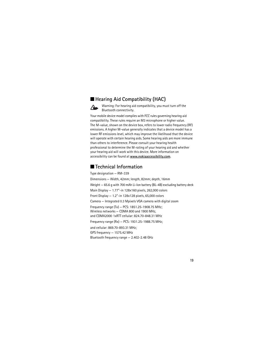 Hearing aid compatibility (hac), Technical information | Nokia 2605 User Manual | Page 19 / 71