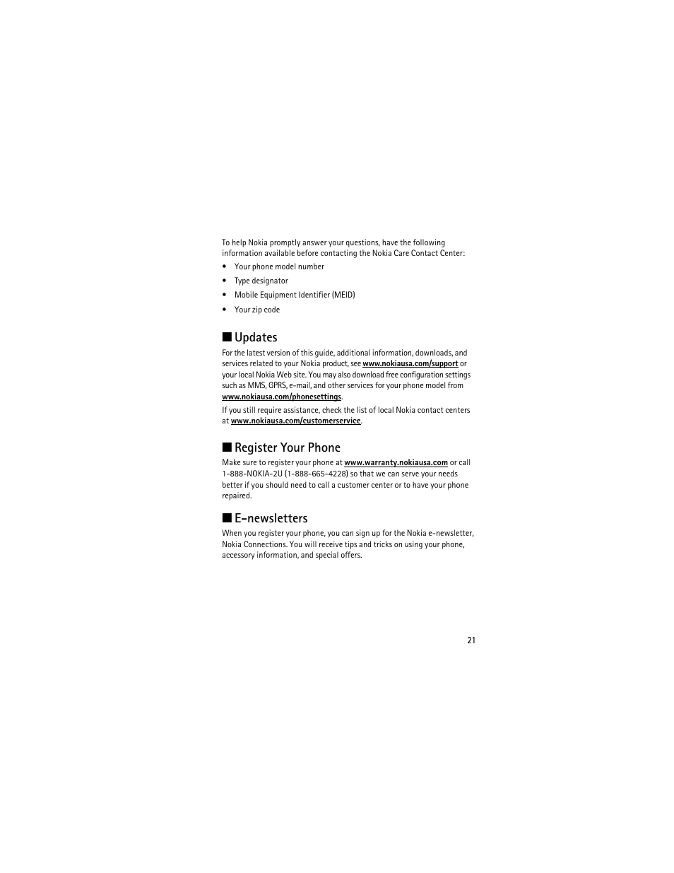 Updates, Register your phone, E-newsletters | Updates register your phone e-newsletters | Nokia 2605 User Manual | Page 21 / 71