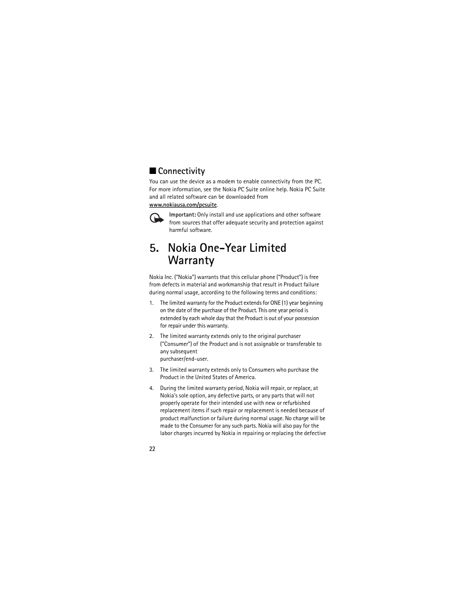 Connectivity, Nokia one-year limited warranty | Nokia 2605 User Manual | Page 22 / 71