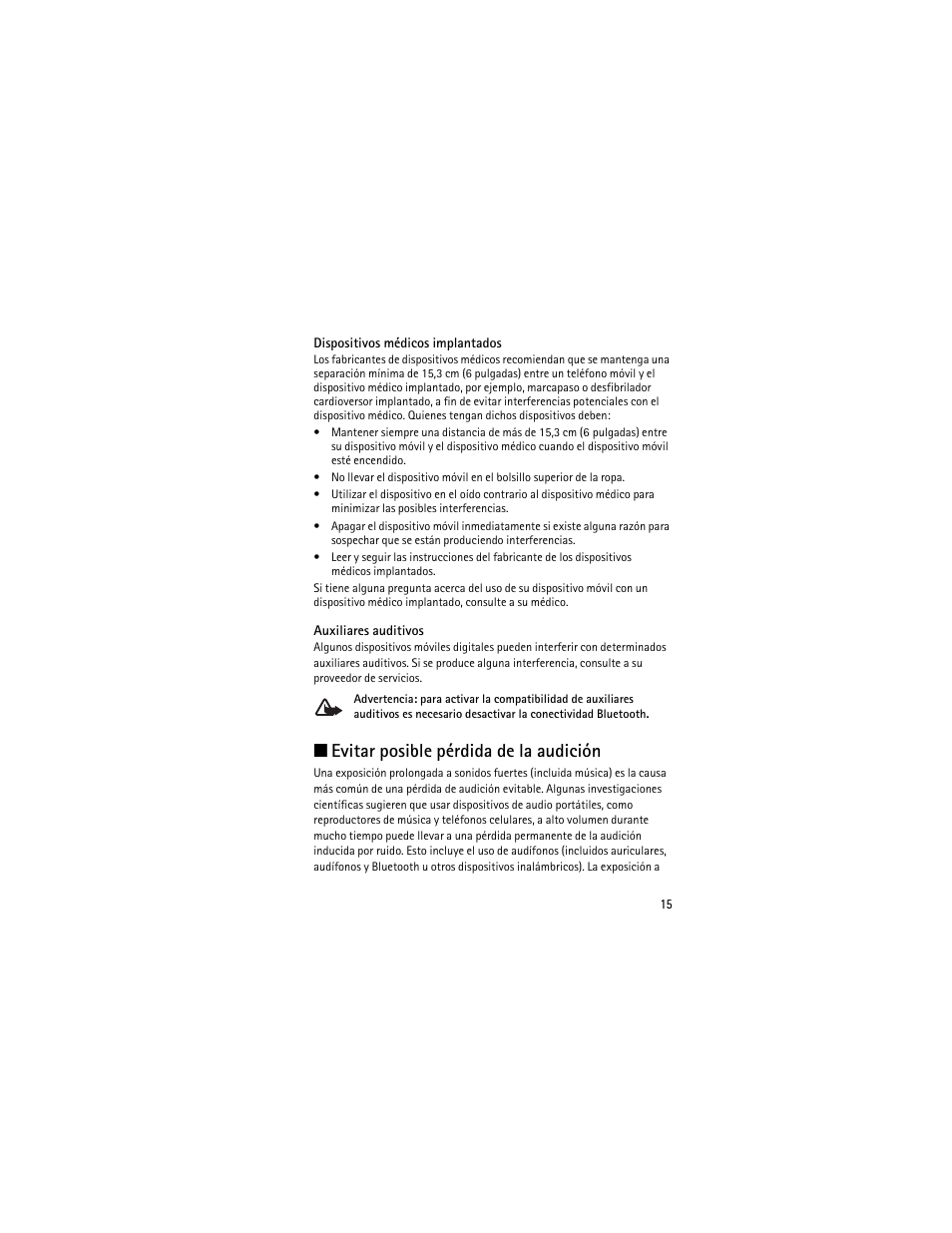 Evitar posible pérdida de la audición | Nokia 2605 User Manual | Page 49 / 71