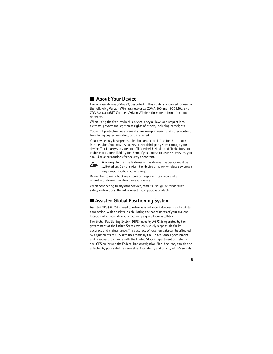 About your device, Assisted global positioning system | Nokia 2605 User Manual | Page 5 / 71