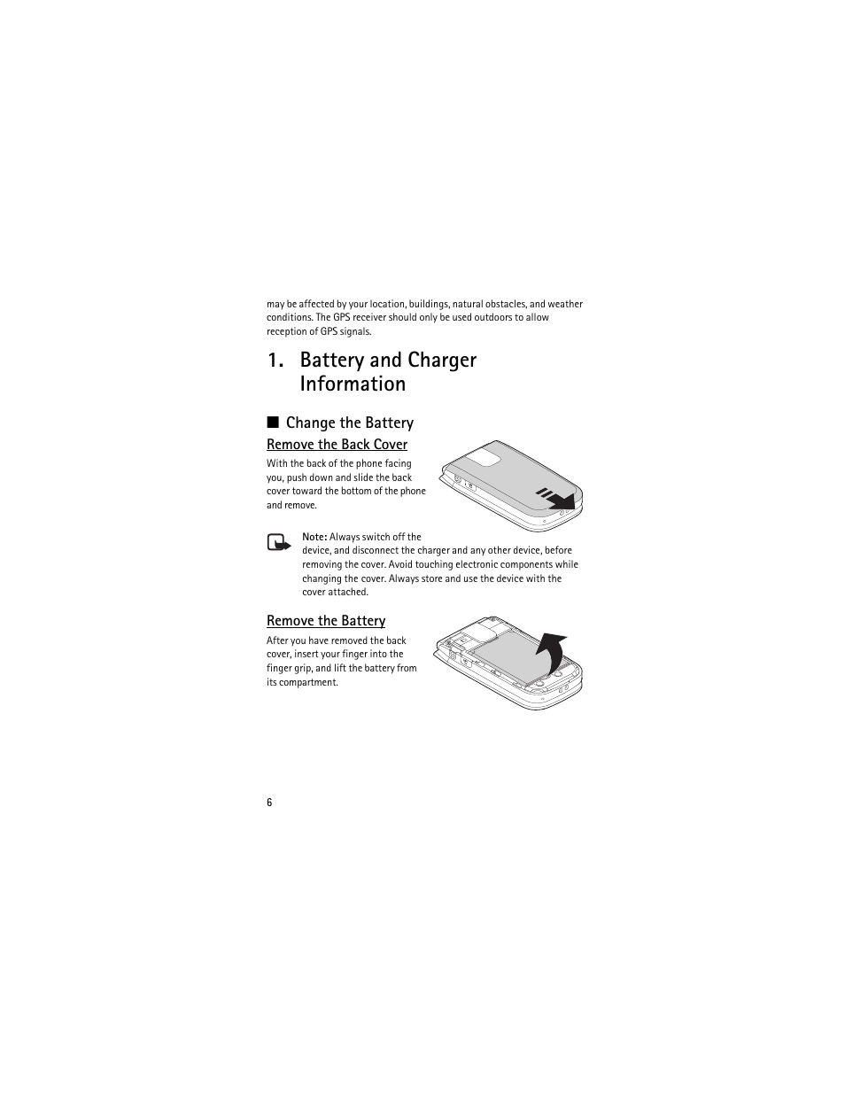 Battery and charger information, Change the battery | Nokia 2605 User Manual | Page 6 / 71
