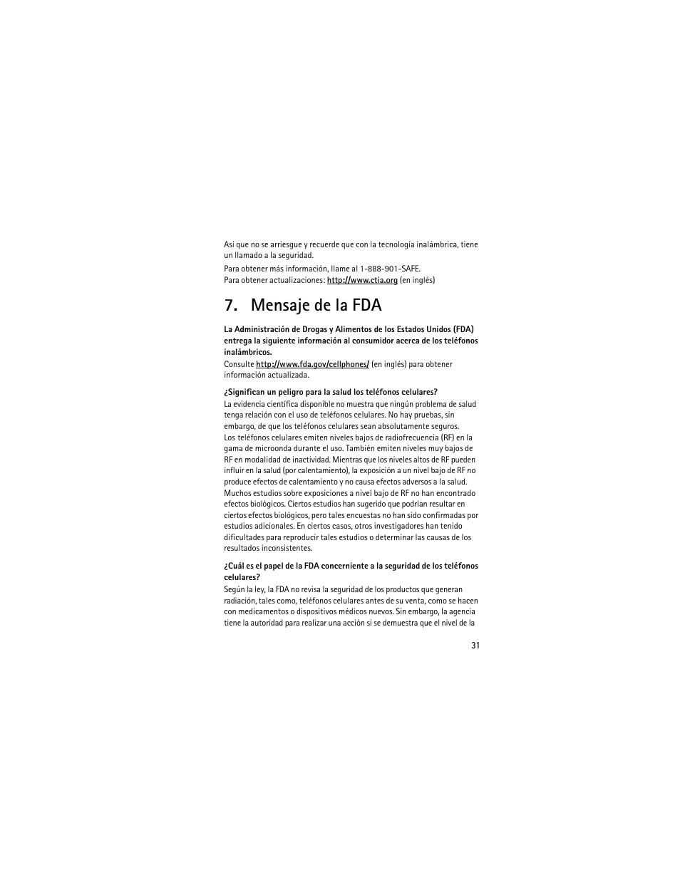Mensaje de la fda | Nokia 2605 User Manual | Page 65 / 71