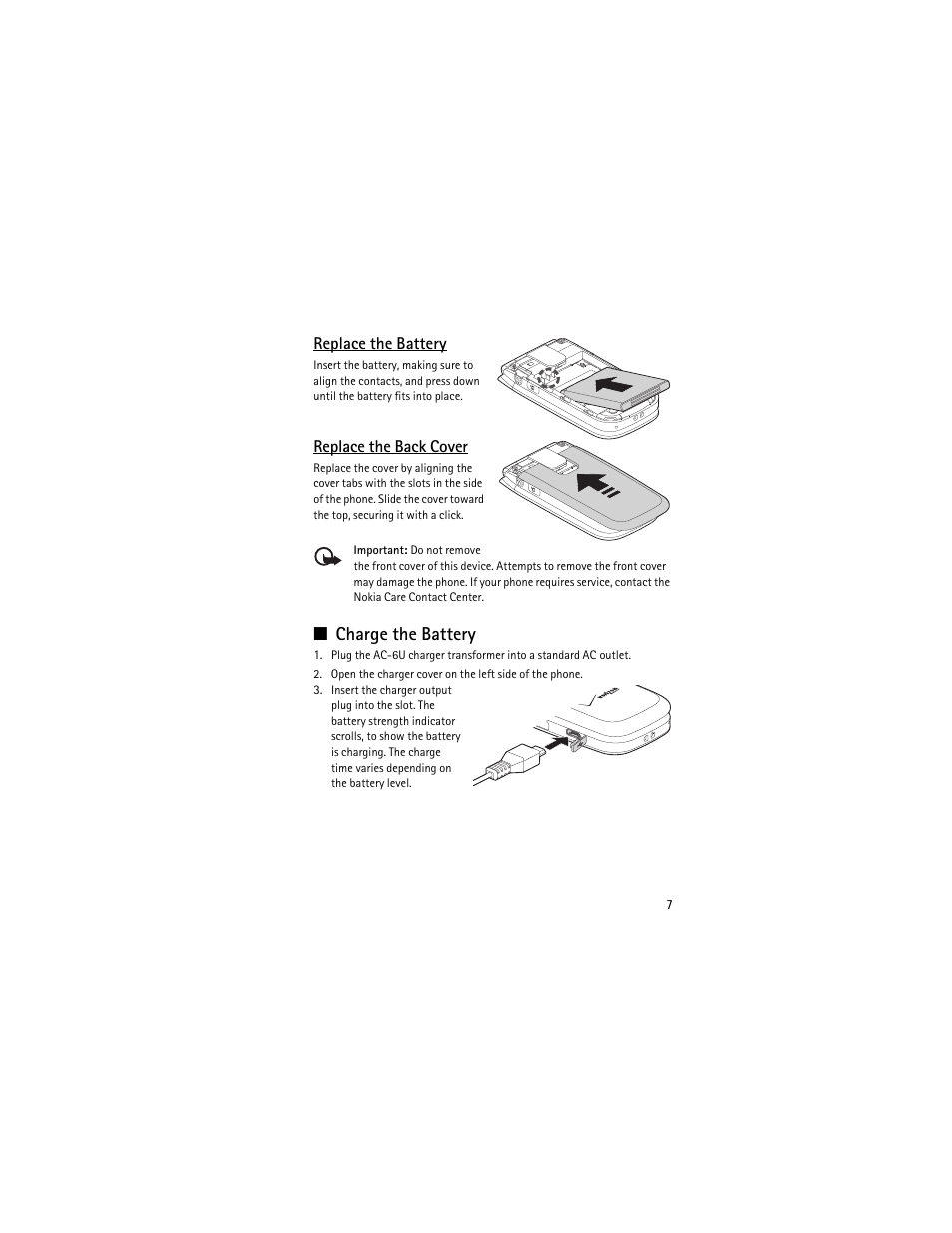 Charge the battery | Nokia 2605 User Manual | Page 7 / 71