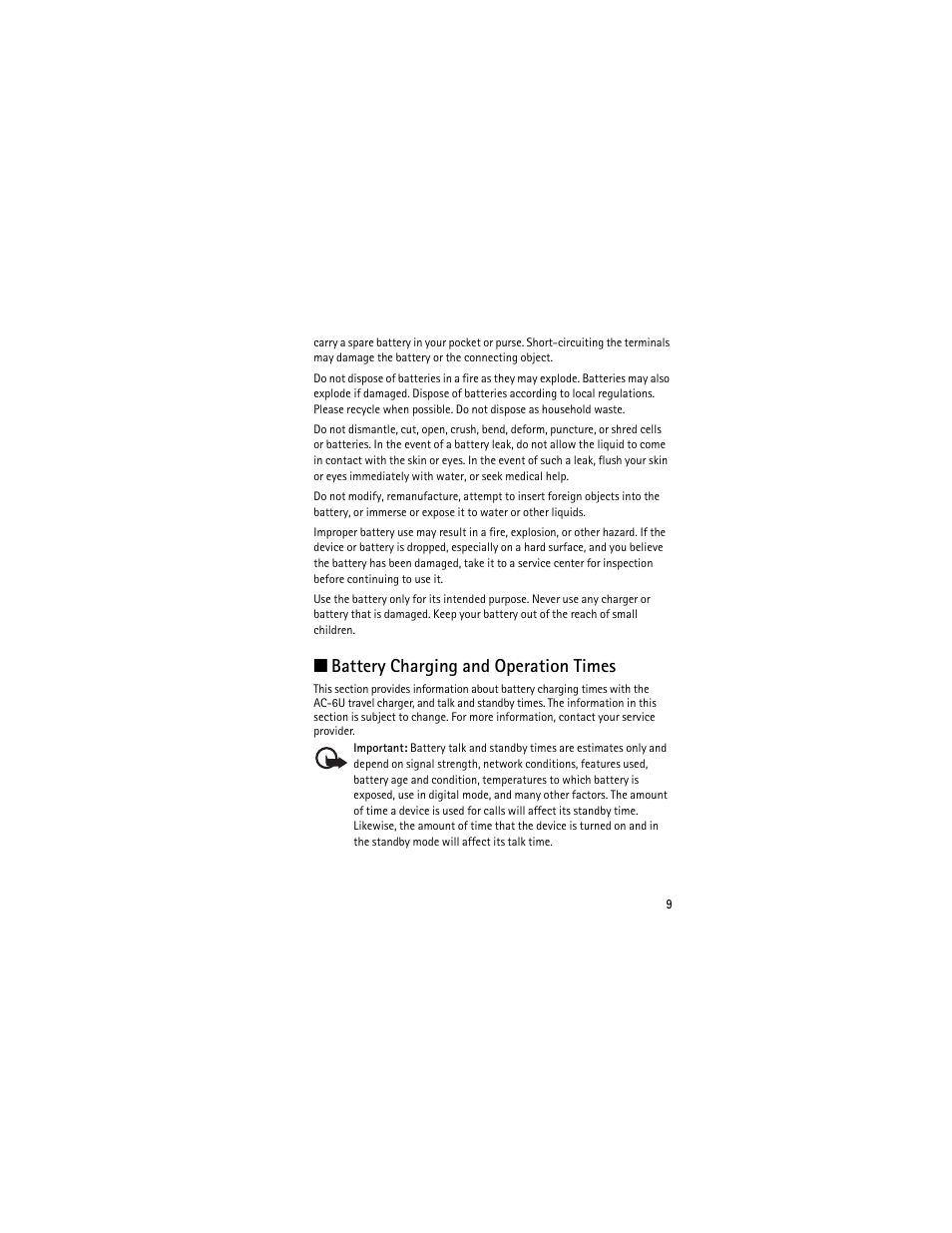 Battery charging and operation times | Nokia 2605 User Manual | Page 9 / 71