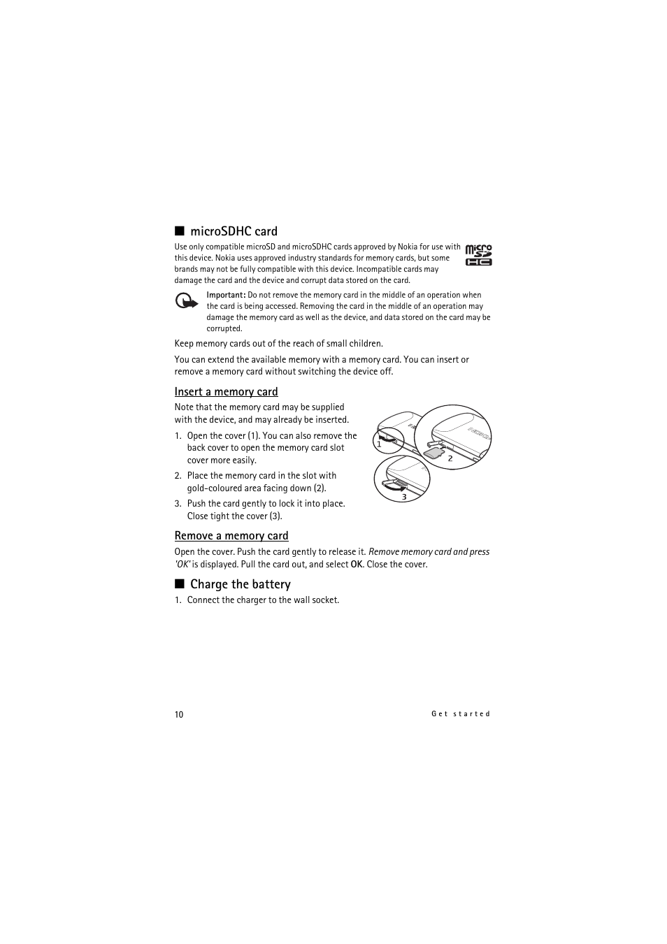 Microsdhc card, Charge the battery | Nokia 5320 XpressMusic User Manual | Page 10 / 72