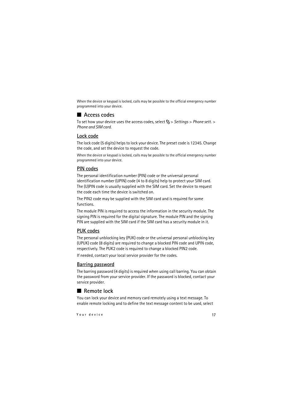 Access codes, Remote lock, E “access codes | Nokia 5320 XpressMusic User Manual | Page 17 / 72