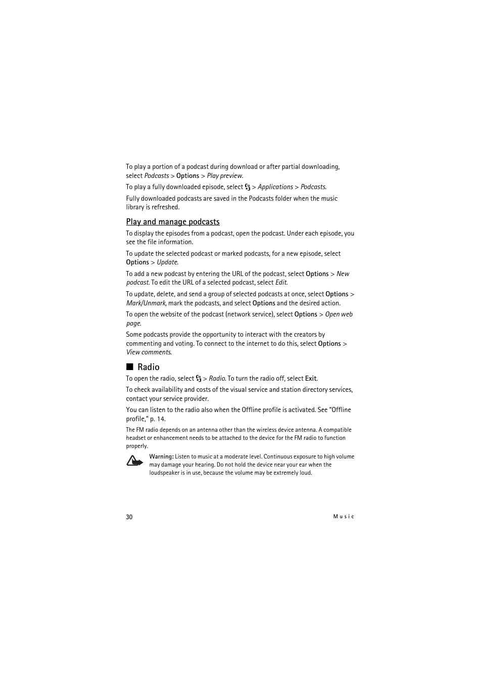 Radio | Nokia 5320 XpressMusic User Manual | Page 30 / 72