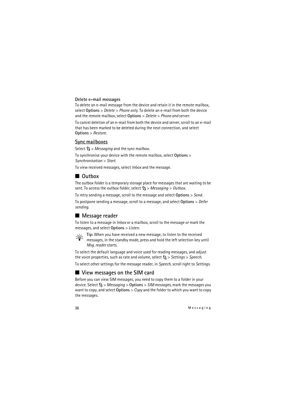 Outbox, Message reader, View messages on the sim card | Nokia 5320 XpressMusic User Manual | Page 36 / 72