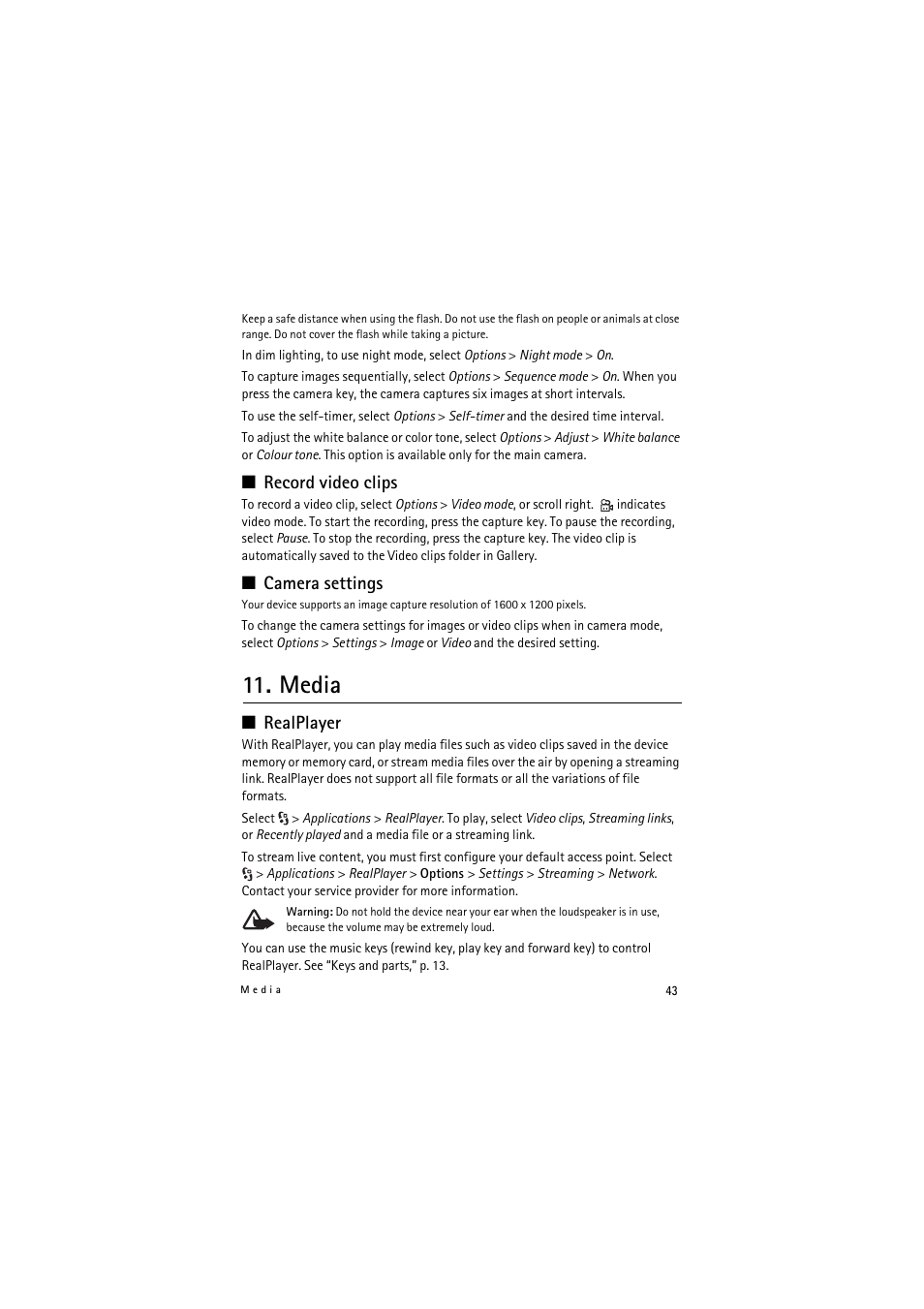 Record video clips, Camera settings, Media | Realplayer | Nokia 5320 XpressMusic User Manual | Page 43 / 72