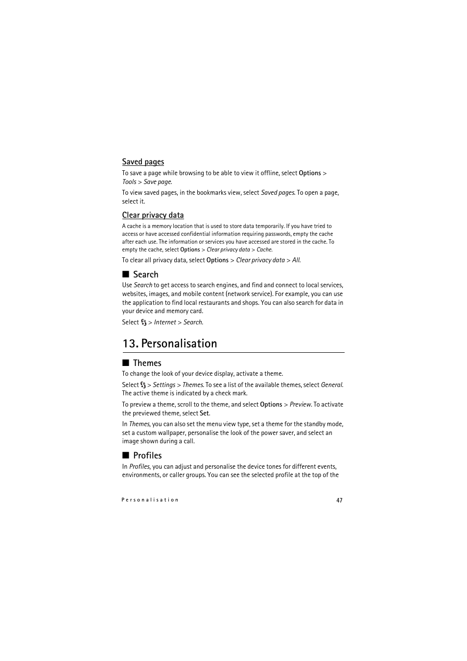 Search, Personalisation, Themes | Profiles | Nokia 5320 XpressMusic User Manual | Page 47 / 72