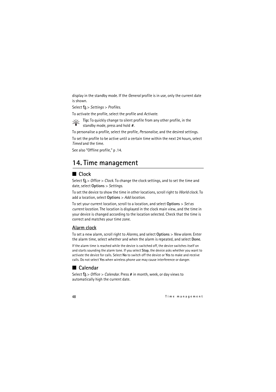 Time management, Clock, Calendar | Nokia 5320 XpressMusic User Manual | Page 48 / 72
