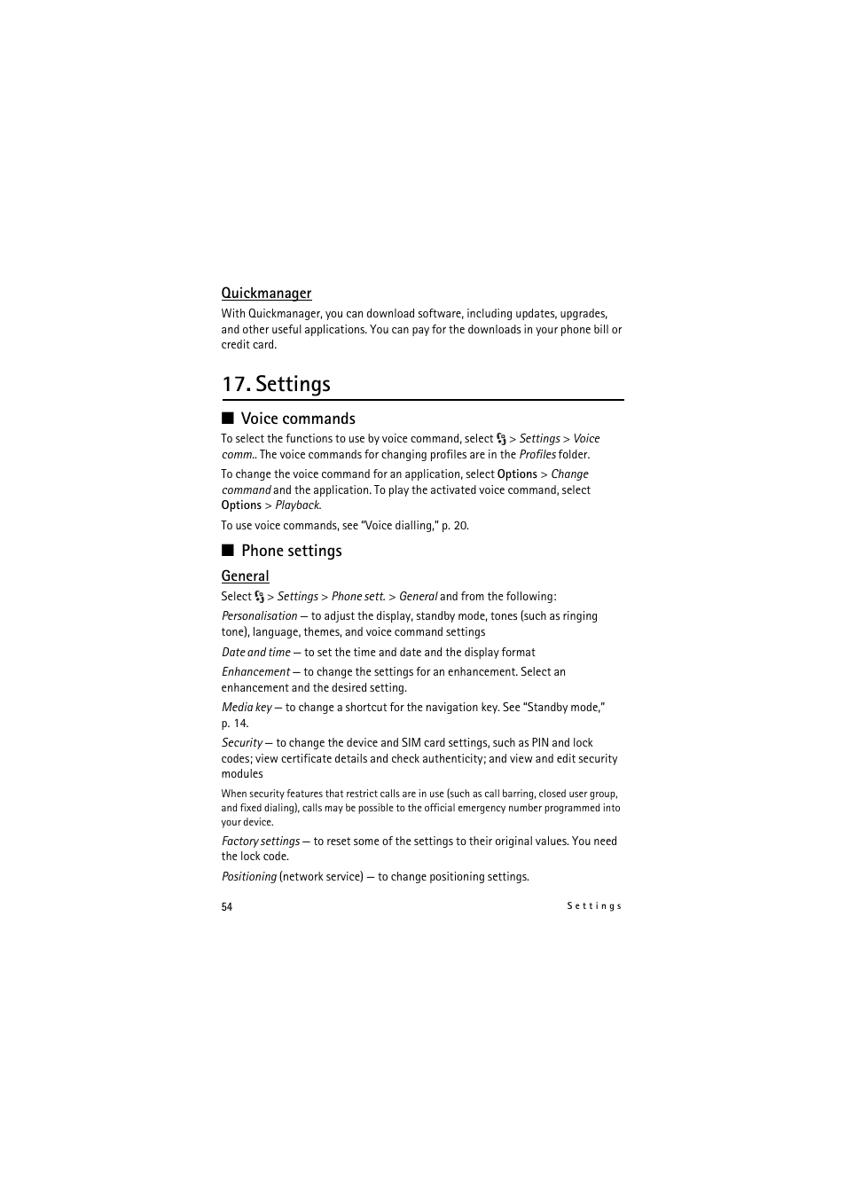 Settings, Voice commands, Phone settings | Nokia 5320 XpressMusic User Manual | Page 54 / 72