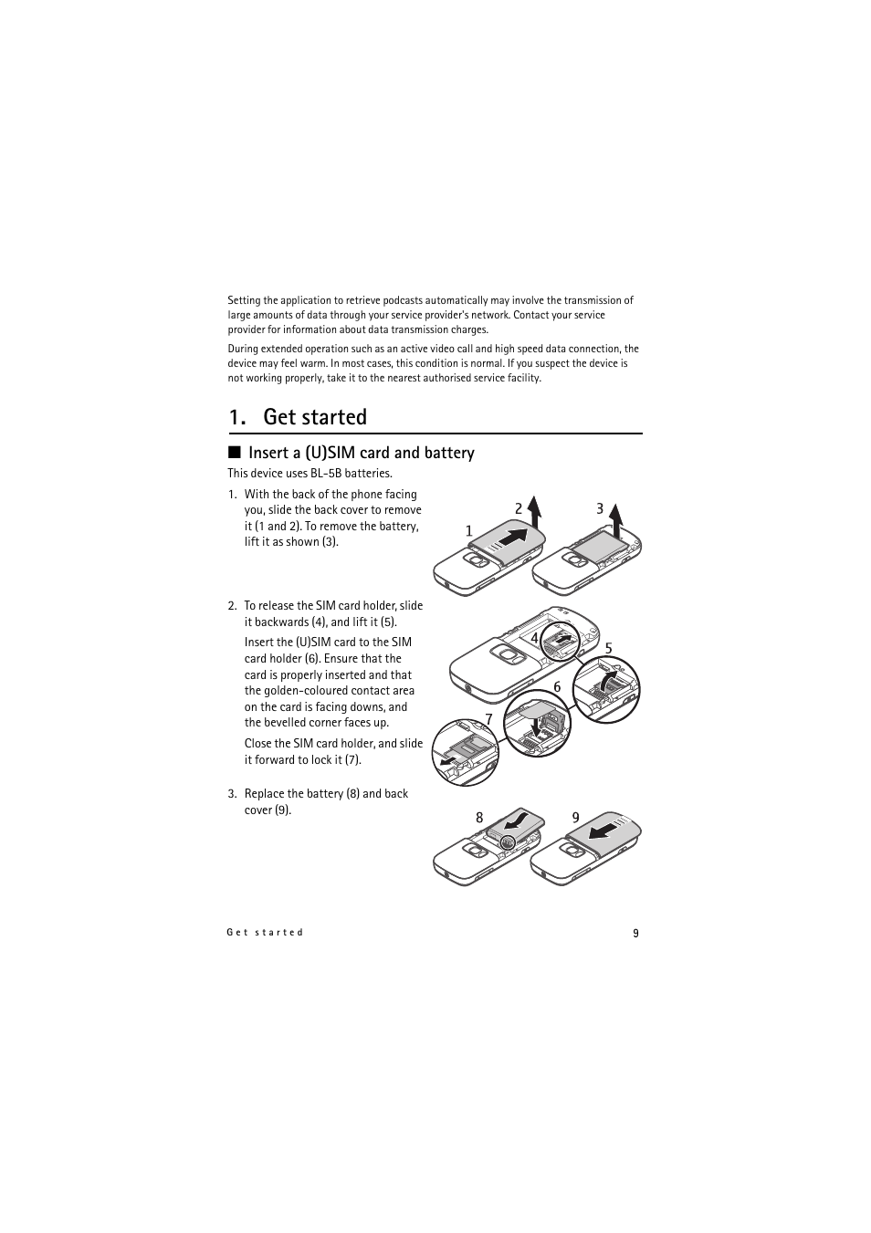 Get started, Insert a (u)sim card and battery | Nokia 5320 XpressMusic User Manual | Page 9 / 72