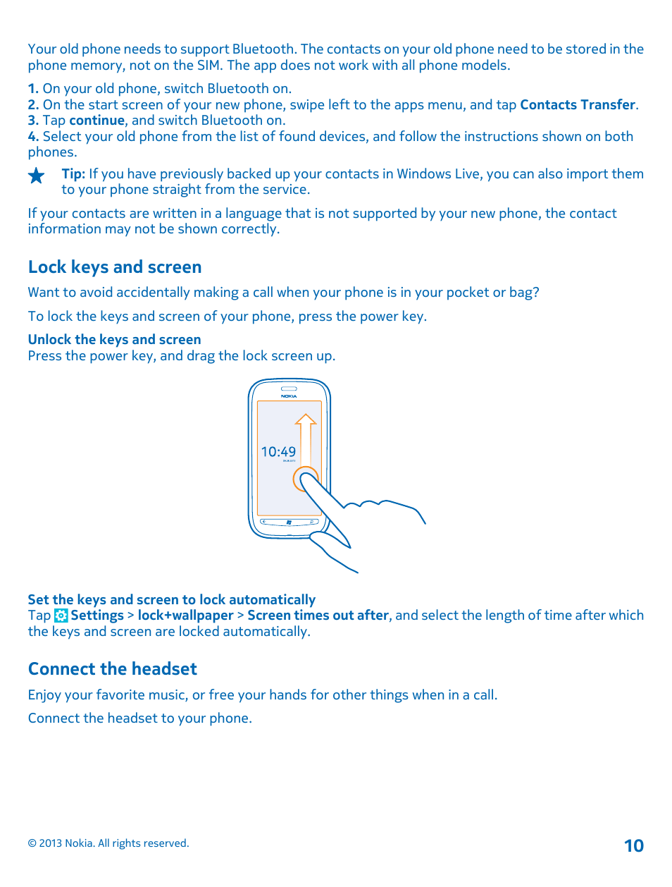 Lock keys and screen, Connect the headset | Nokia Lumia 710 User Manual | Page 10 / 86