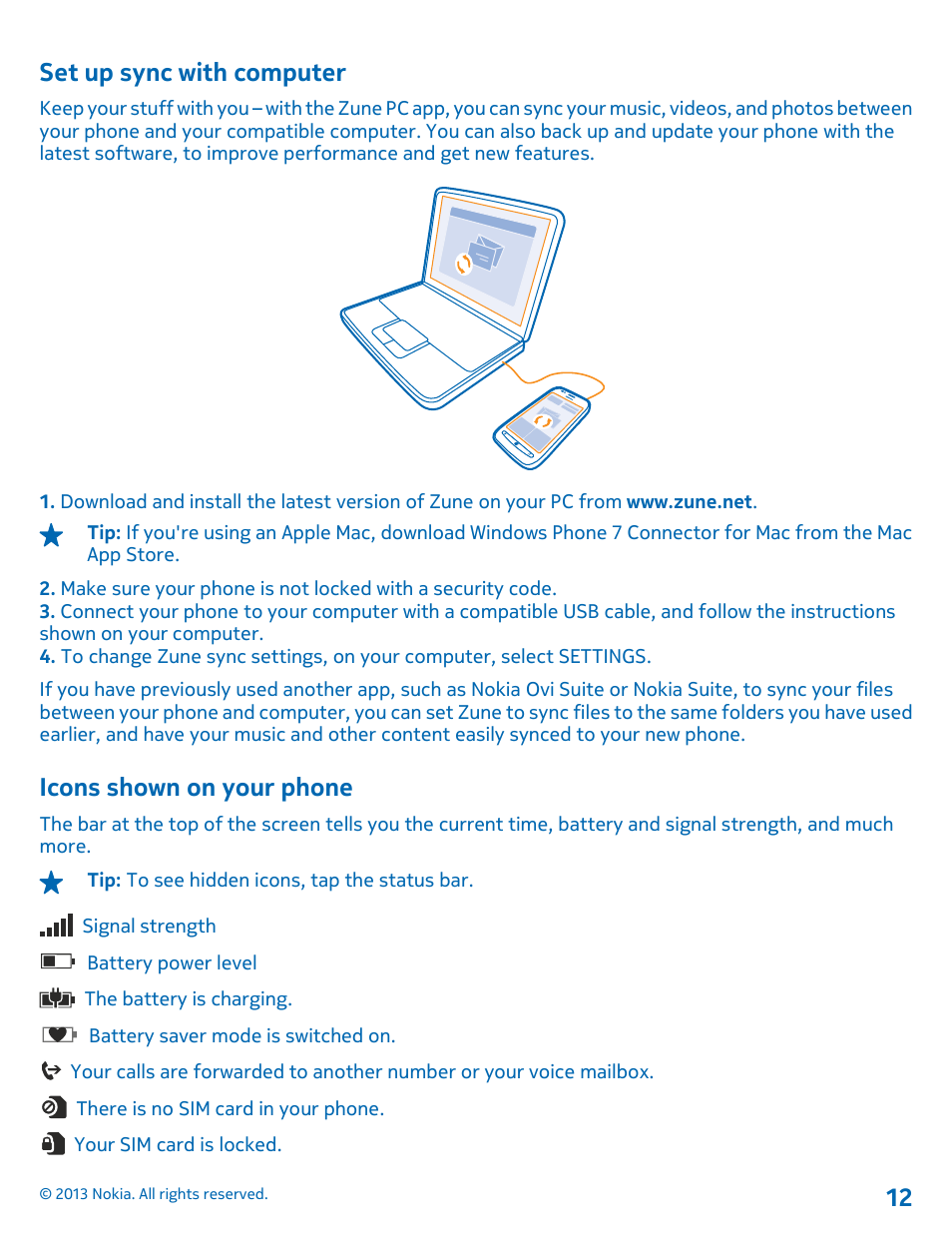 Set up sync with computer, Icons shown on your phone | Nokia Lumia 710 User Manual | Page 12 / 86