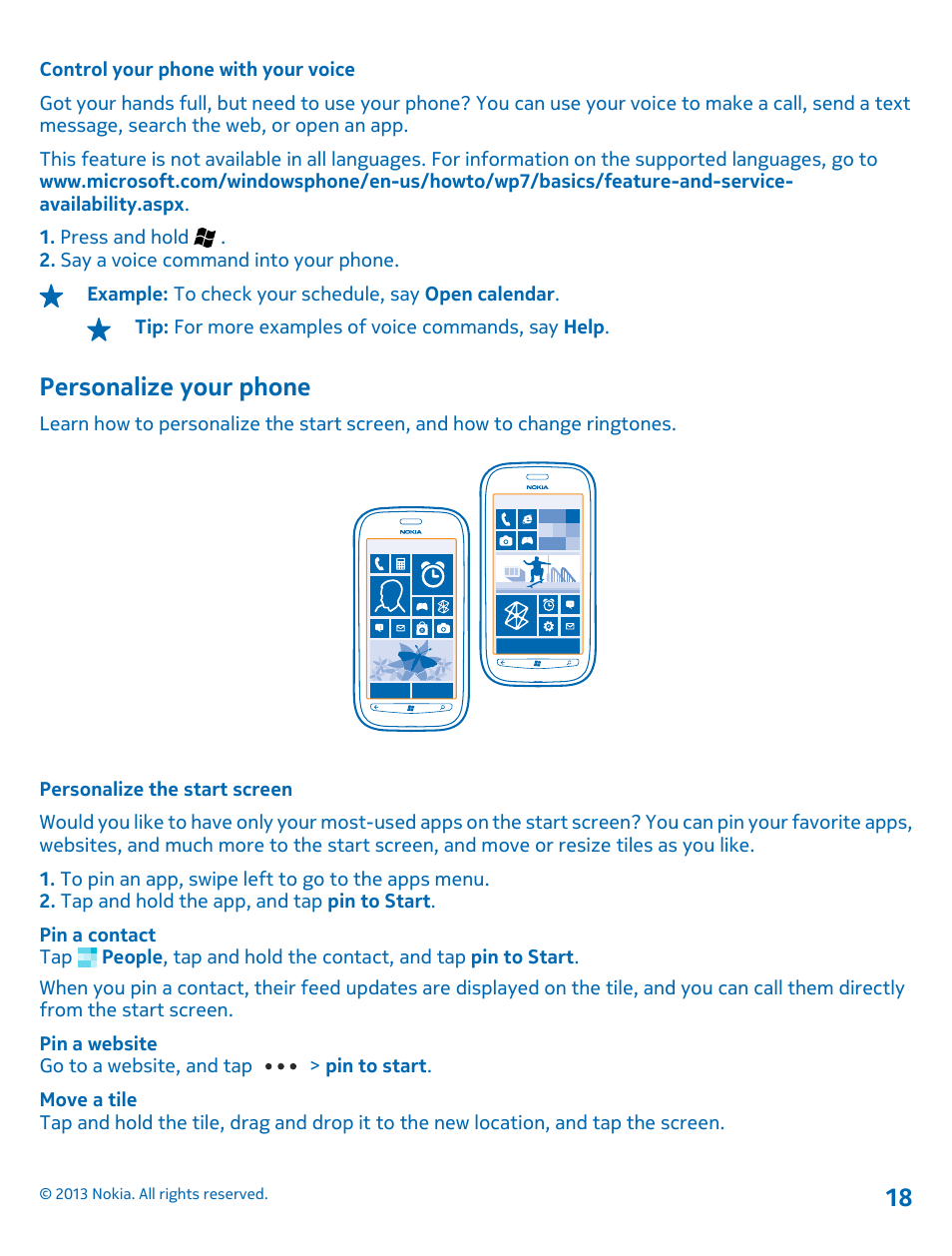 Control your phone with your voice, Personalize your phone, Personalize the start screen | Nokia Lumia 710 User Manual | Page 18 / 86