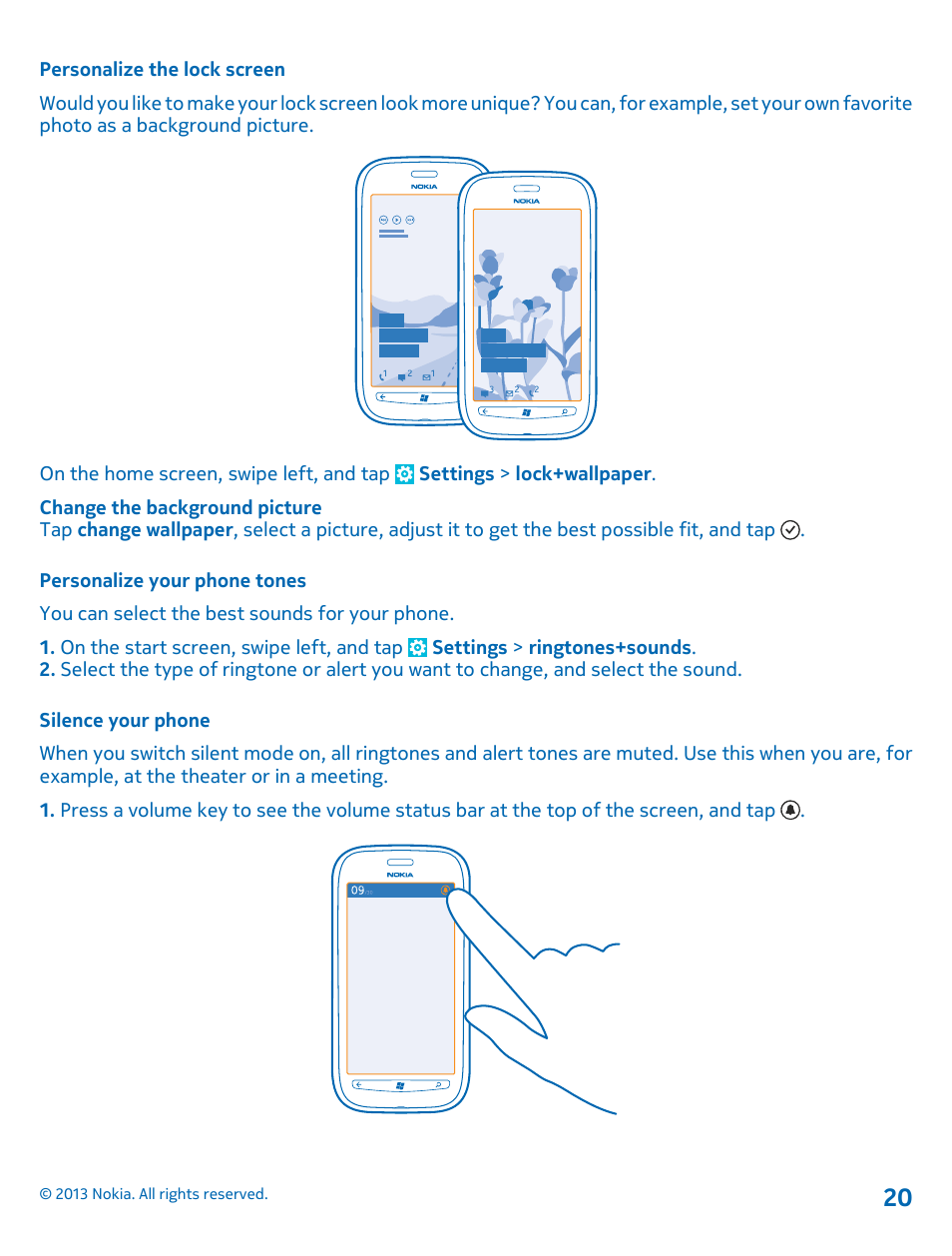 Personalize the lock screen, Personalize your phone tones, Silence your phone | Nokia Lumia 710 User Manual | Page 20 / 86