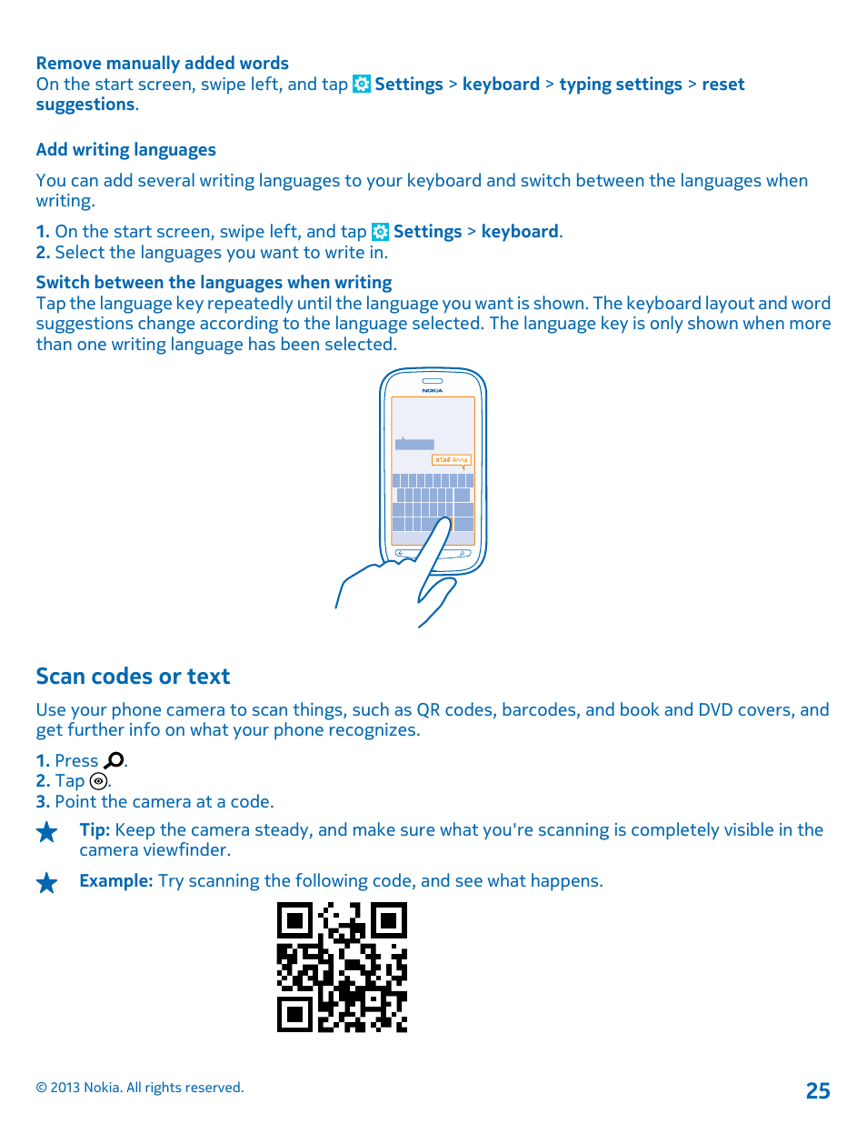 Add writing languages, Scan codes or text | Nokia Lumia 710 User Manual | Page 25 / 86