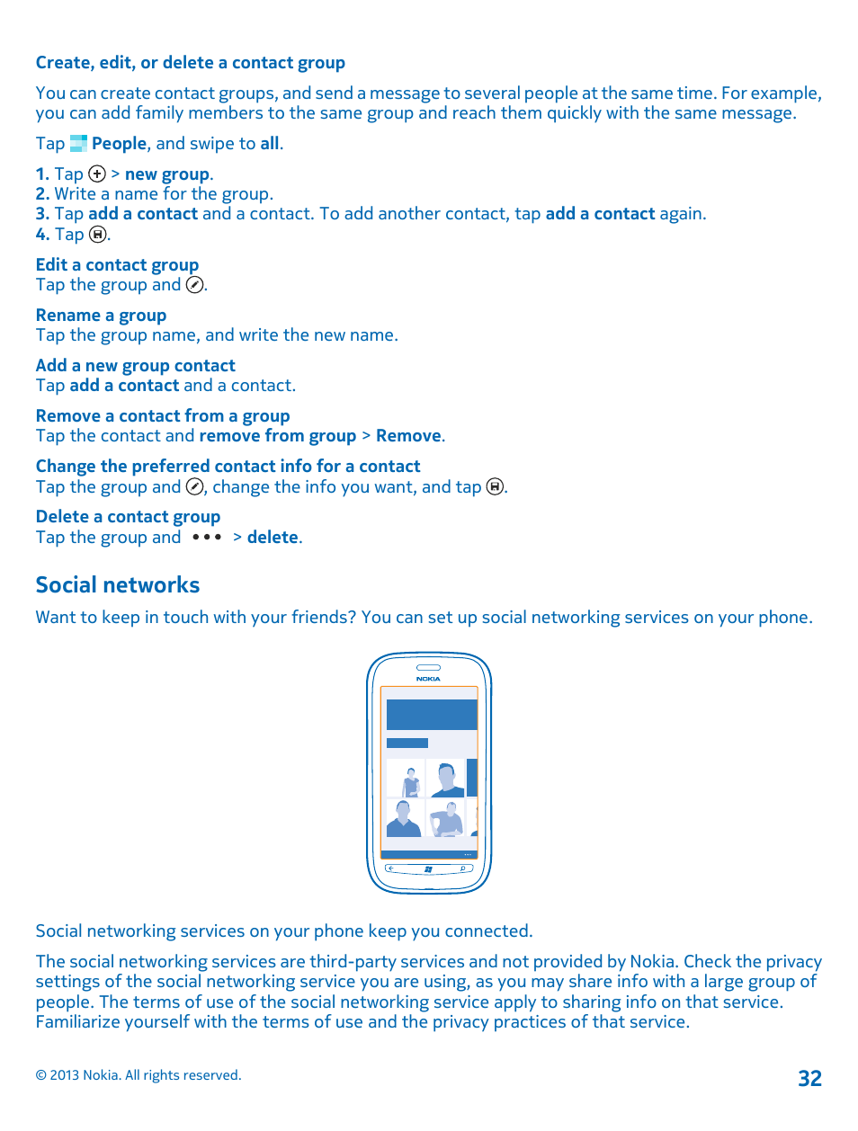 Create, edit, or delete a contact group, Social networks | Nokia Lumia 710 User Manual | Page 32 / 86