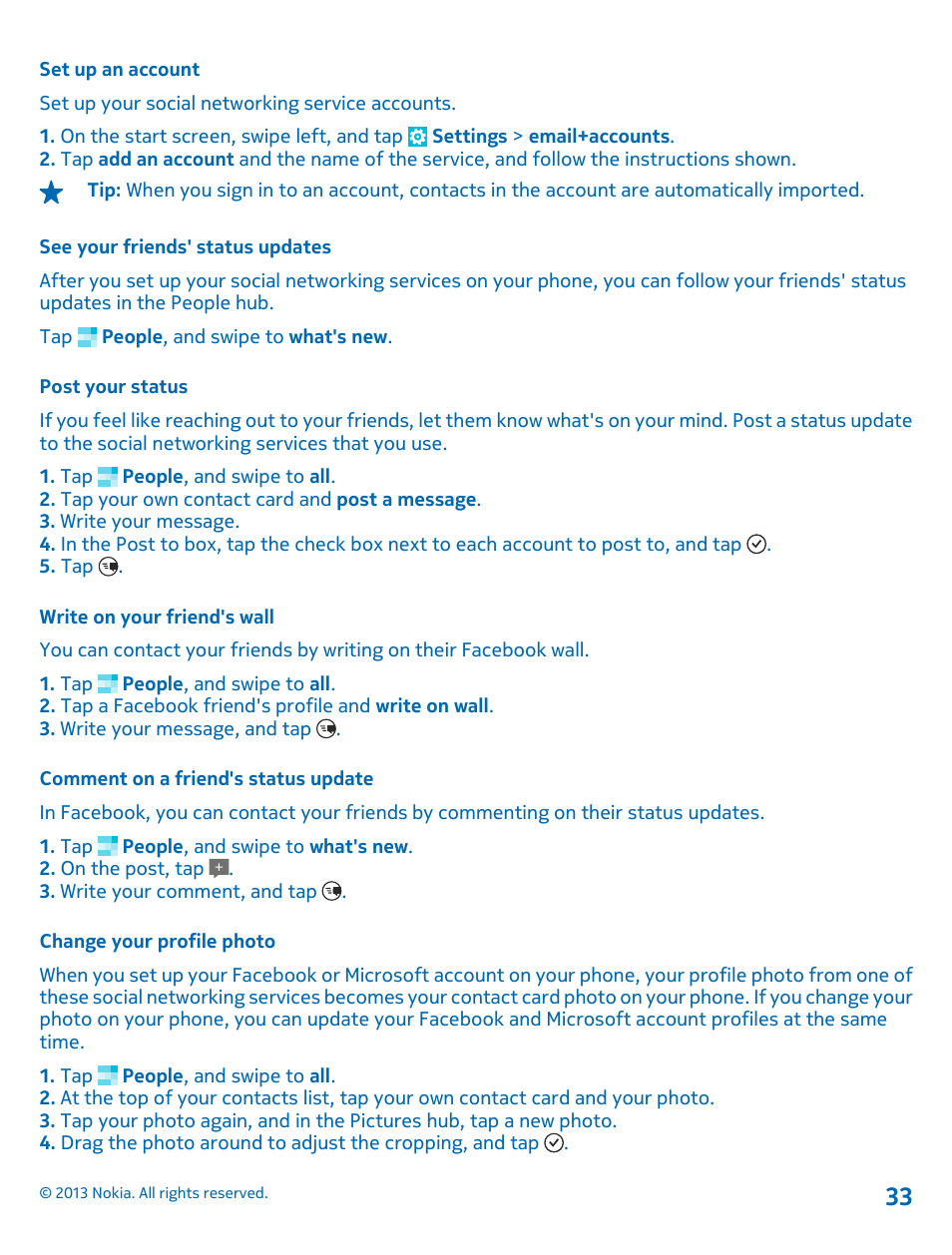 Set up an account, See your friends' status updates, Post your status | Write on your friend's wall, Comment on a friend's status update, Change your profile photo | Nokia Lumia 710 User Manual | Page 33 / 86