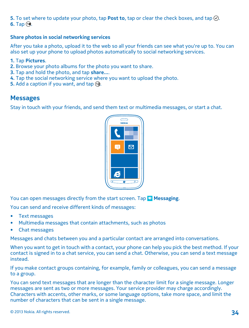 Share photos in social networking services, Messages, Messages 34 | Nokia Lumia 710 User Manual | Page 34 / 86