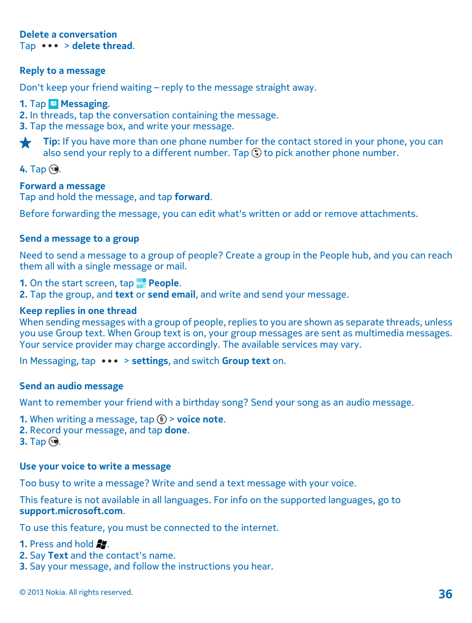 Reply to a message, Send a message to a group, Send an audio message | Use your voice to write a message | Nokia Lumia 710 User Manual | Page 36 / 86