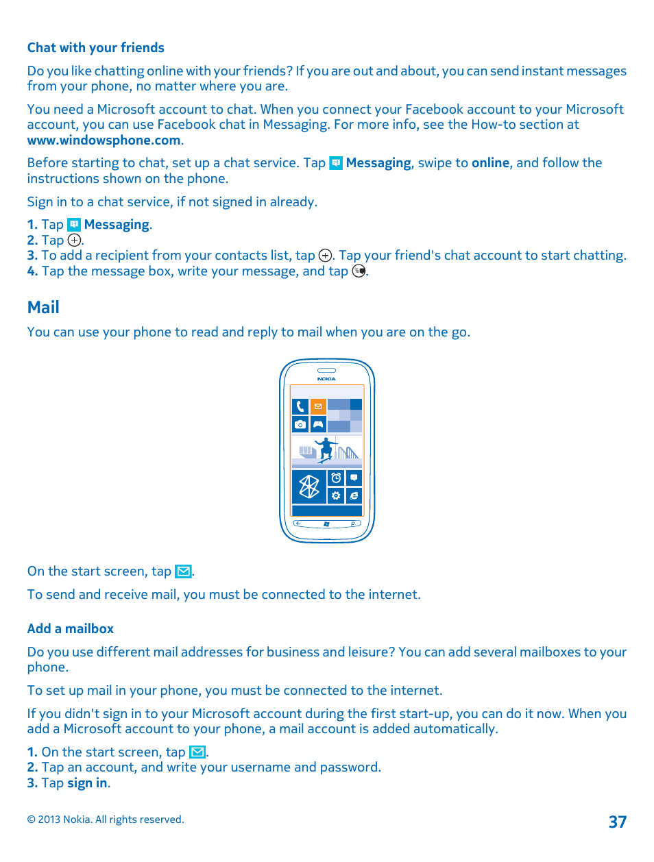 Chat with your friends, Mail, Add a mailbox | Mail 37 | Nokia Lumia 710 User Manual | Page 37 / 86