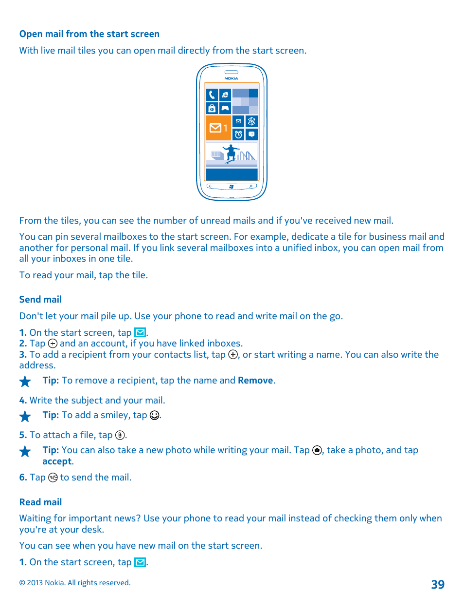 Open mail from the start screen, Send mail, Read mail | Nokia Lumia 710 User Manual | Page 39 / 86