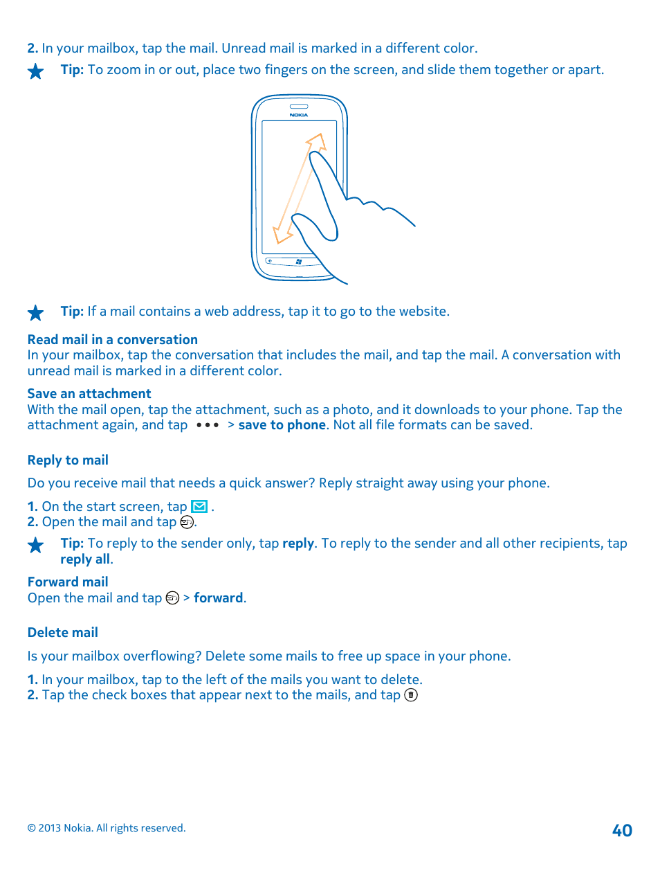 Reply to mail, Delete mail | Nokia Lumia 710 User Manual | Page 40 / 86