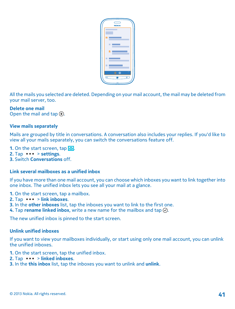 View mails separately, Link several mailboxes as a unified inbox, Unlink unified inboxes | Nokia Lumia 710 User Manual | Page 41 / 86