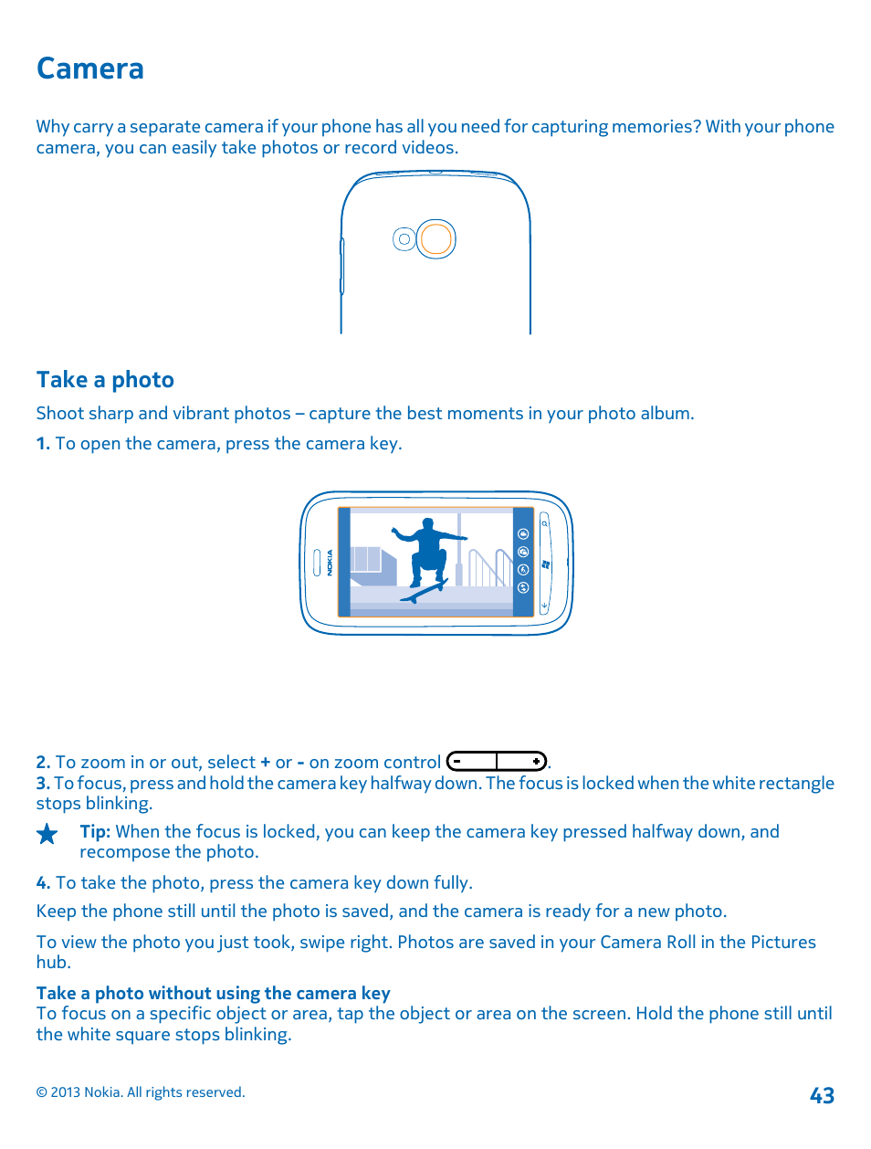 Camera, Take a photo, Camera 43 take a photo | Nokia Lumia 710 User Manual | Page 43 / 86