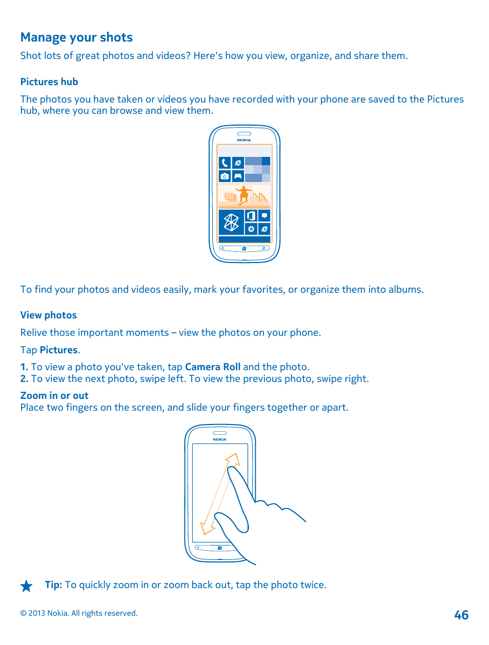 Manage your shots, Pictures hub, View photos | Nokia Lumia 710 User Manual | Page 46 / 86