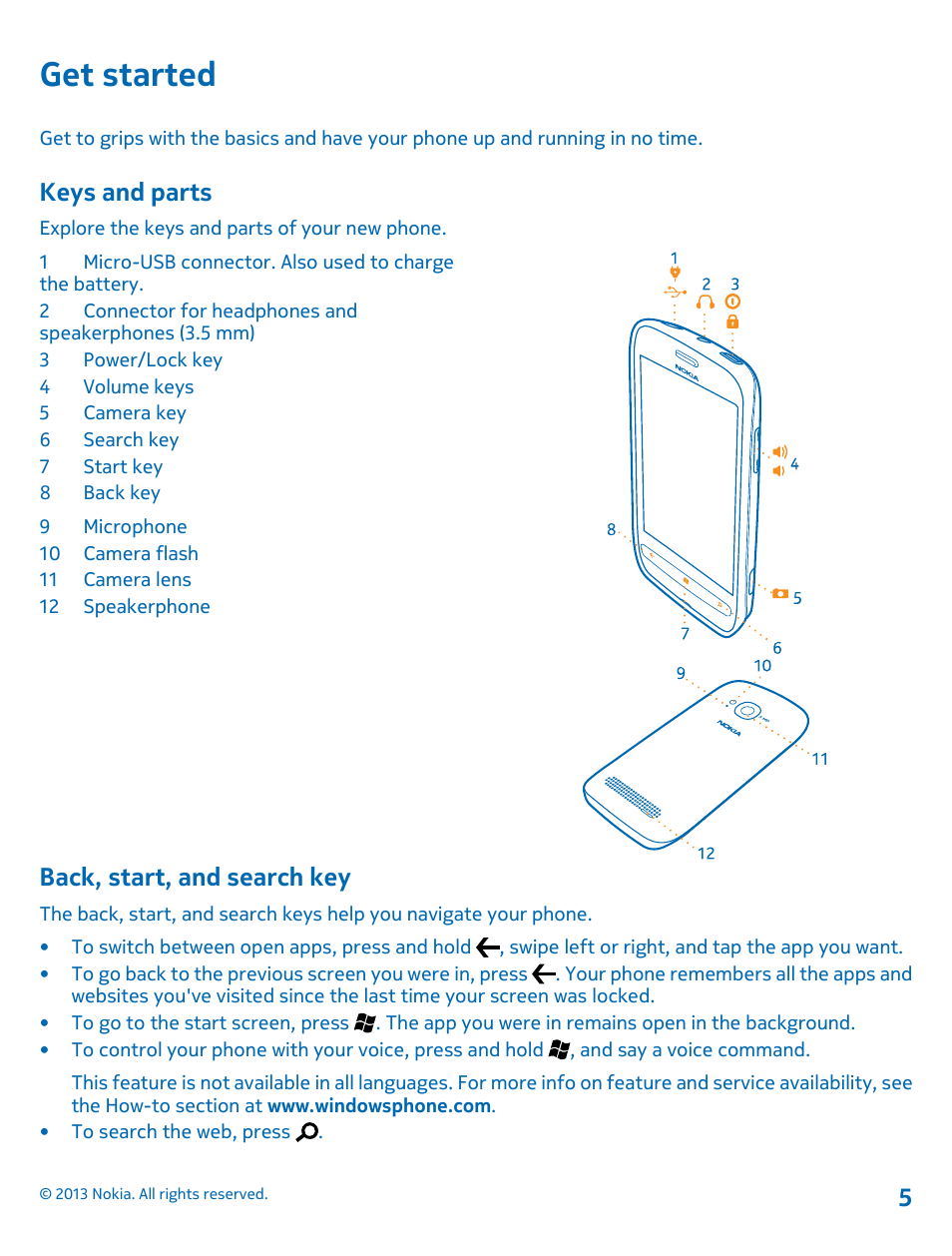 Get started, Keys and parts, Back, start, and search key | Nokia Lumia 710 User Manual | Page 5 / 86