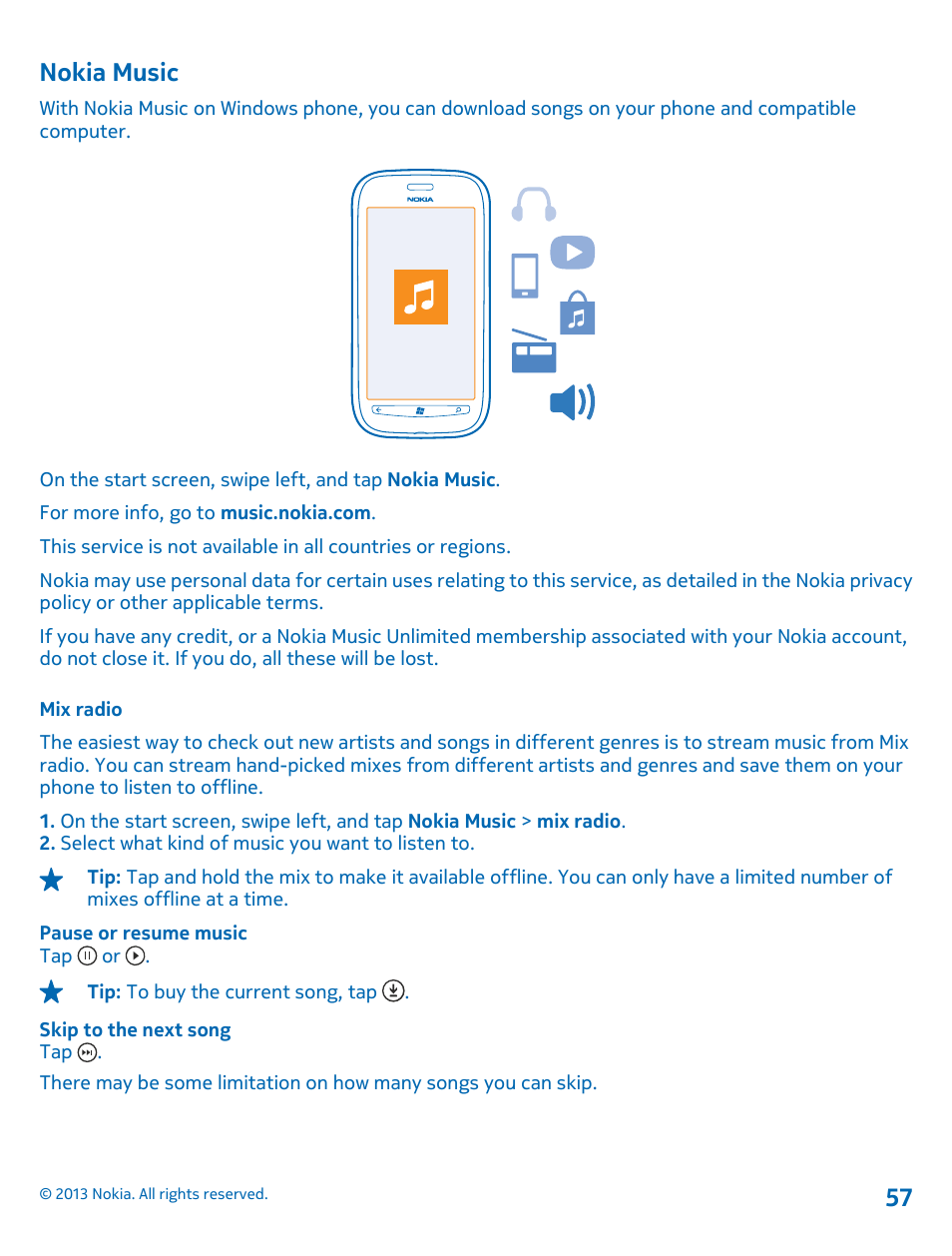 Nokia music, Mix radio | Nokia Lumia 710 User Manual | Page 57 / 86