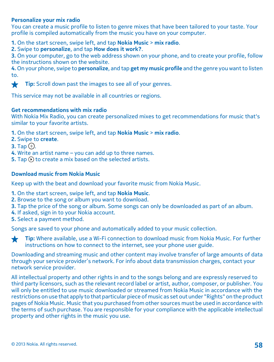 Personalize your mix radio, Get recommendations with mix radio, Download music from nokia music | Nokia Lumia 710 User Manual | Page 58 / 86