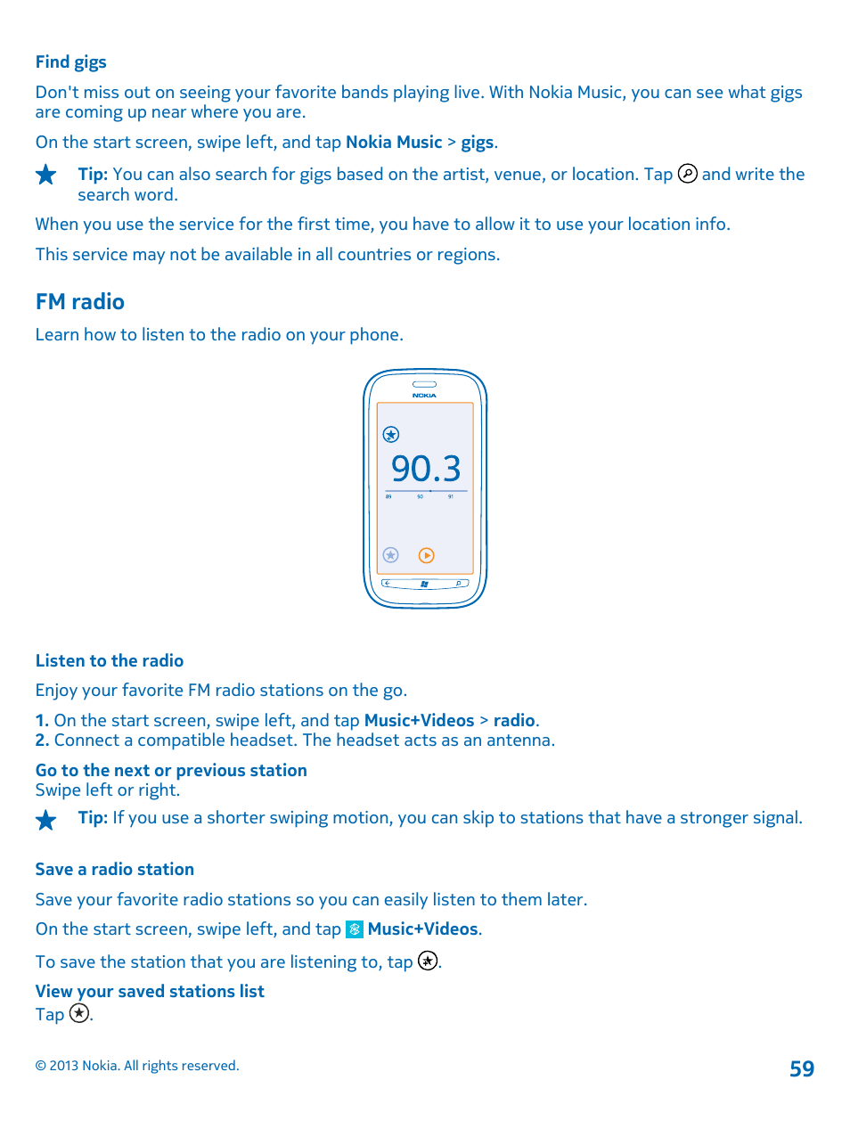 Find gigs, Fm radio, Listen to the radio | Save a radio station | Nokia Lumia 710 User Manual | Page 59 / 86