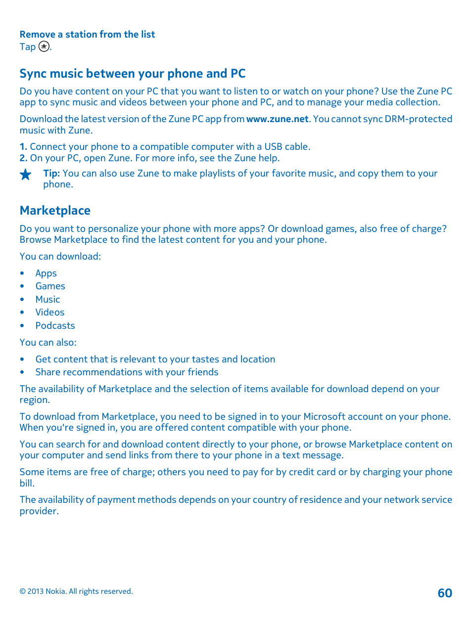 Sync music between your phone and pc, Marketplace, Marketplace 60 | Nokia Lumia 710 User Manual | Page 60 / 86