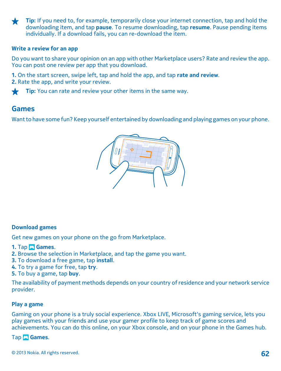 Write a review for an app, Games, Download games | Play a game, Games 62 | Nokia Lumia 710 User Manual | Page 62 / 86