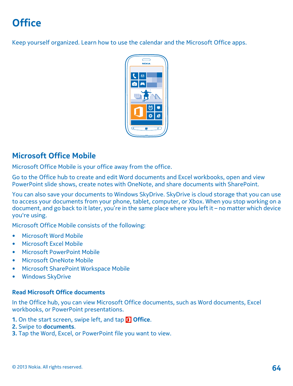 Office, Microsoft office mobile, Read microsoft office documents | Office 64 microsoft office mobile | Nokia Lumia 710 User Manual | Page 64 / 86