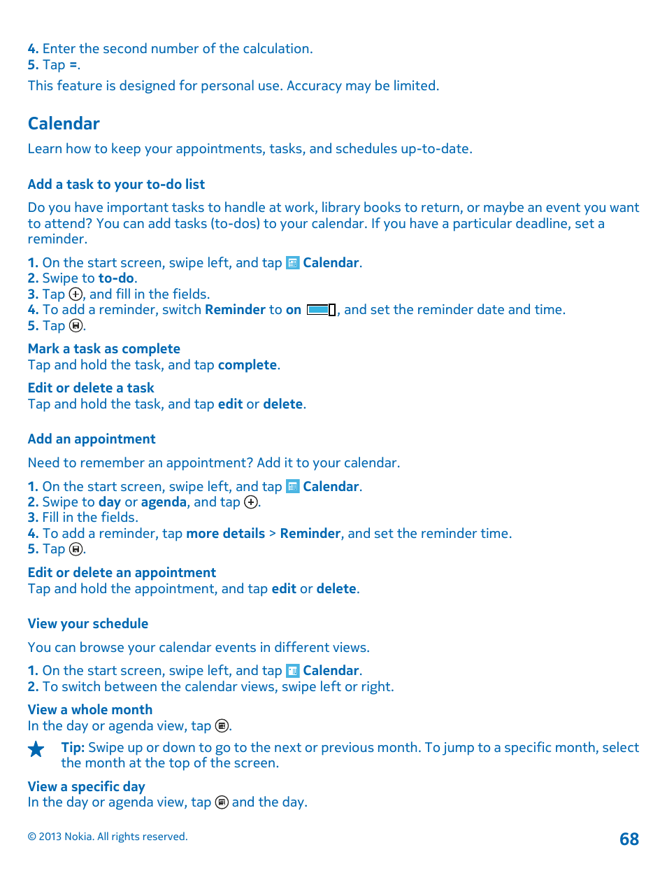 Calendar, Add a task to your to-do list, Add an appointment | View your schedule, Calendar 68 | Nokia Lumia 710 User Manual | Page 68 / 86