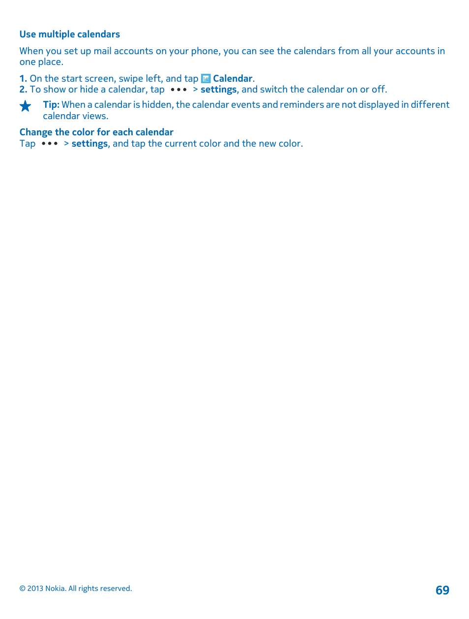 Use multiple calendars | Nokia Lumia 710 User Manual | Page 69 / 86