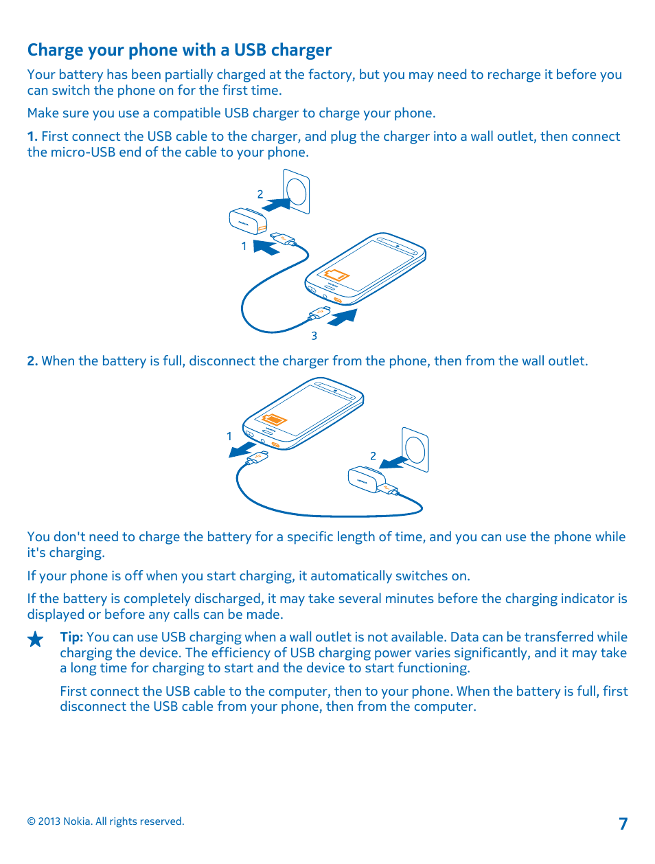 Charge your phone with a usb charger | Nokia Lumia 710 User Manual | Page 7 / 86