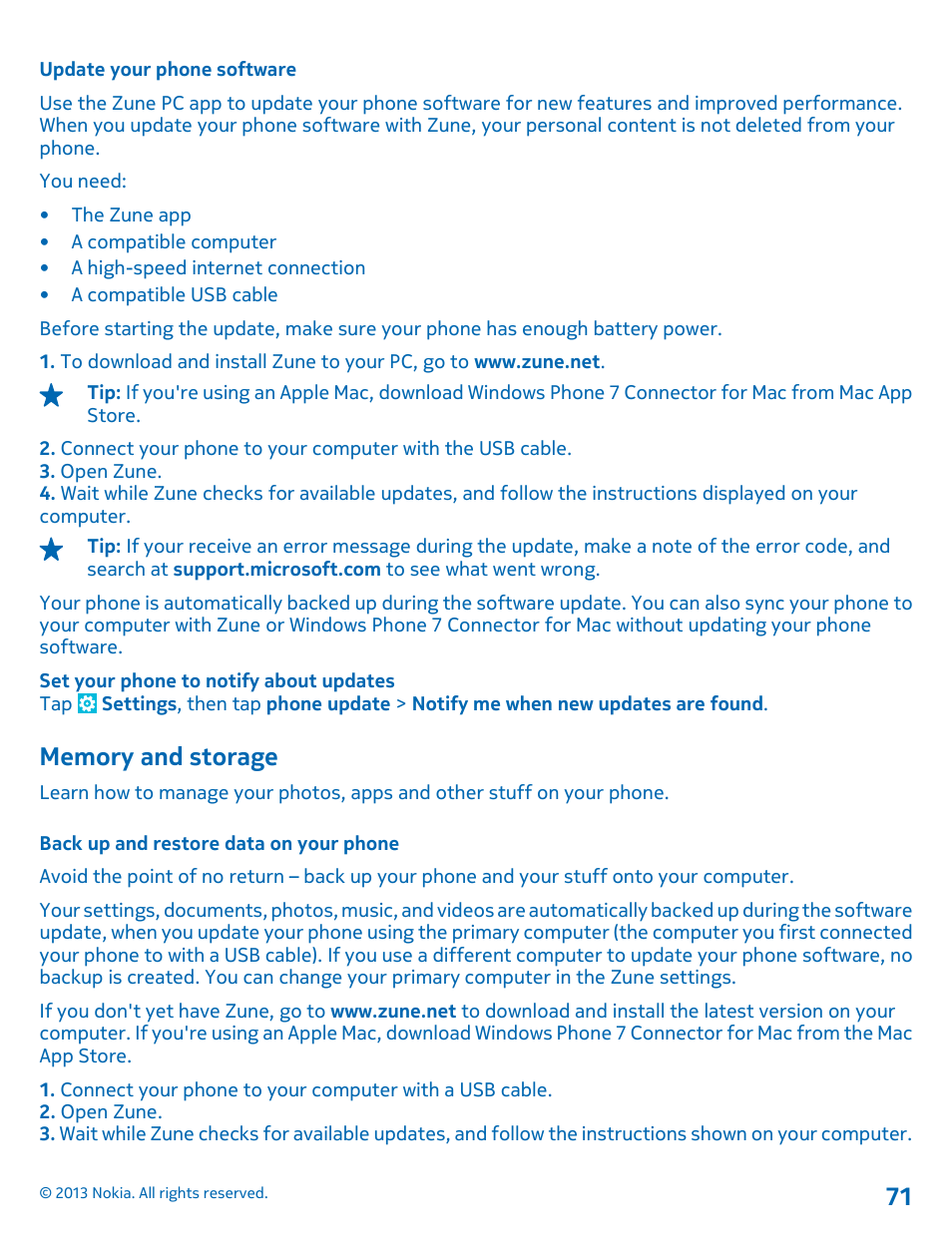 Update your phone software, Memory and storage, Back up and restore data on your phone | Nokia Lumia 710 User Manual | Page 71 / 86