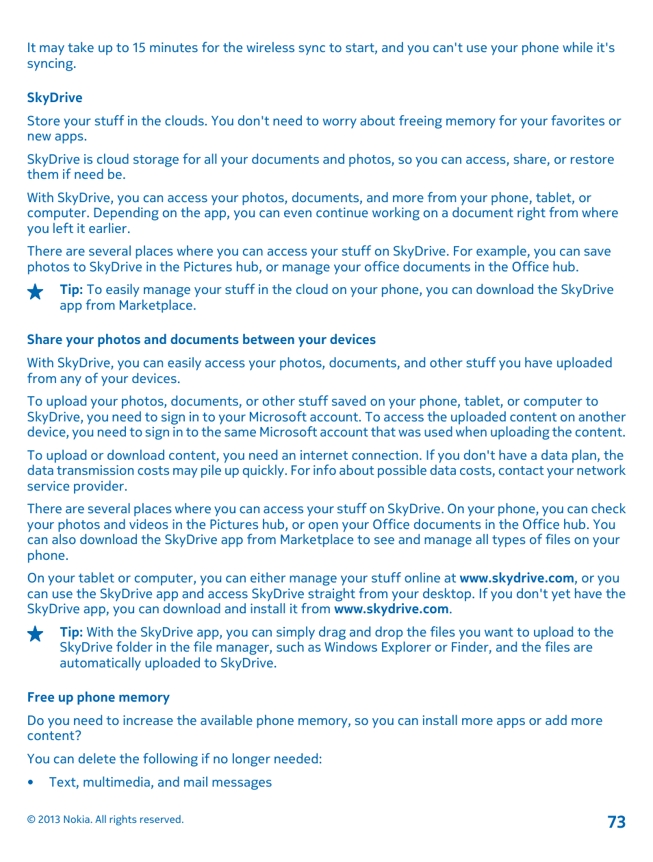 Skydrive, Free up phone memory | Nokia Lumia 710 User Manual | Page 73 / 86