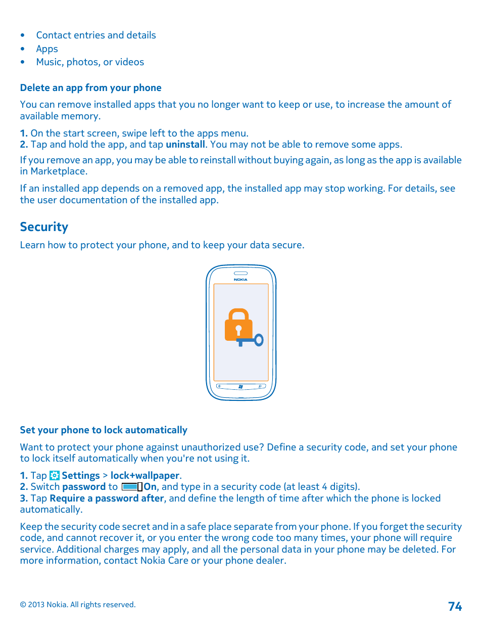 Delete an app from your phone, Security, Set your phone to lock automatically | Security 74 | Nokia Lumia 710 User Manual | Page 74 / 86