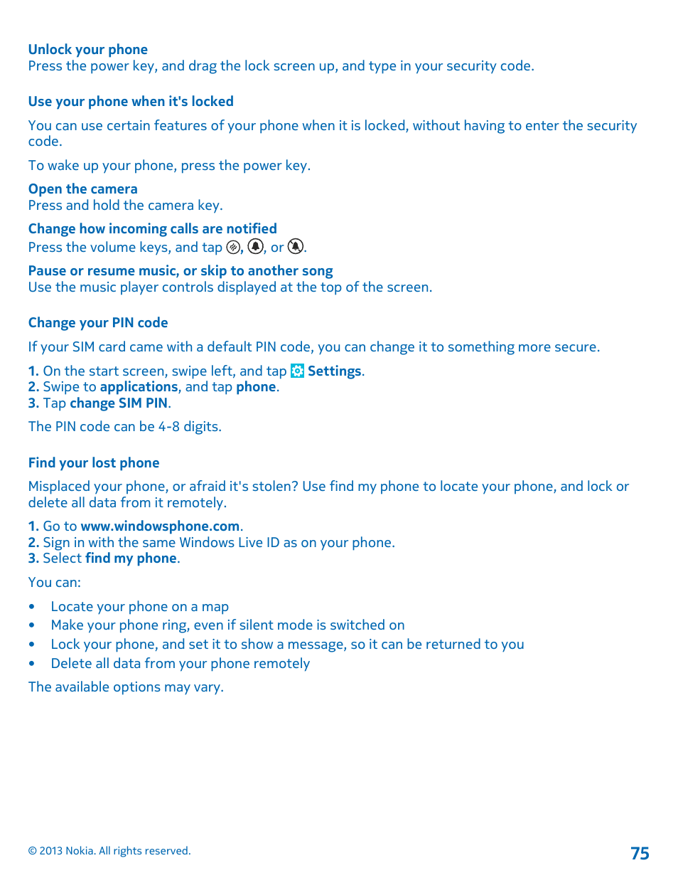 Use your phone when it's locked, Change your pin code, Find your lost phone | Nokia Lumia 710 User Manual | Page 75 / 86