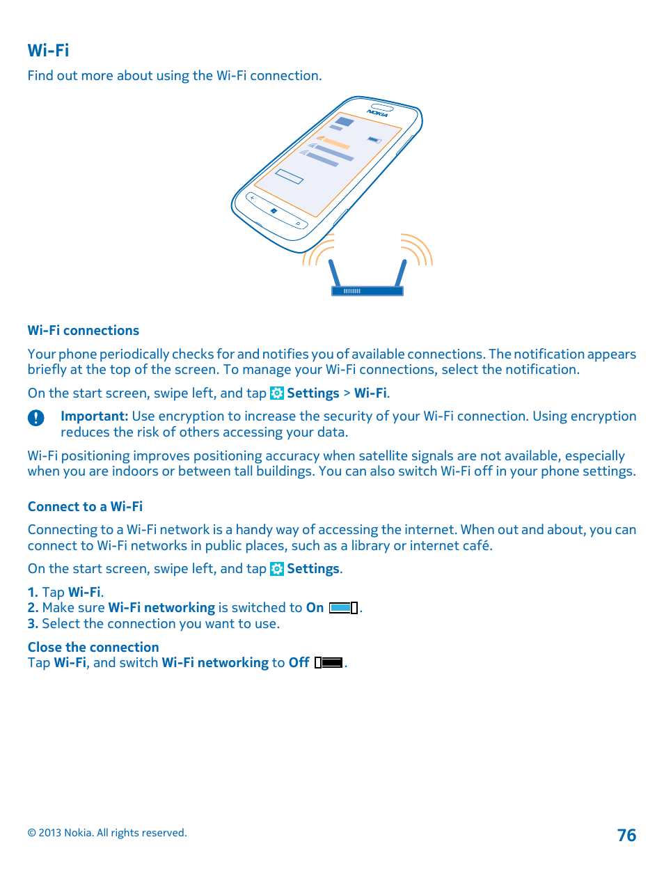 Wi-fi, Wi-fi connections, Connect to a wi-fi | Wi-fi 76 | Nokia Lumia 710 User Manual | Page 76 / 86