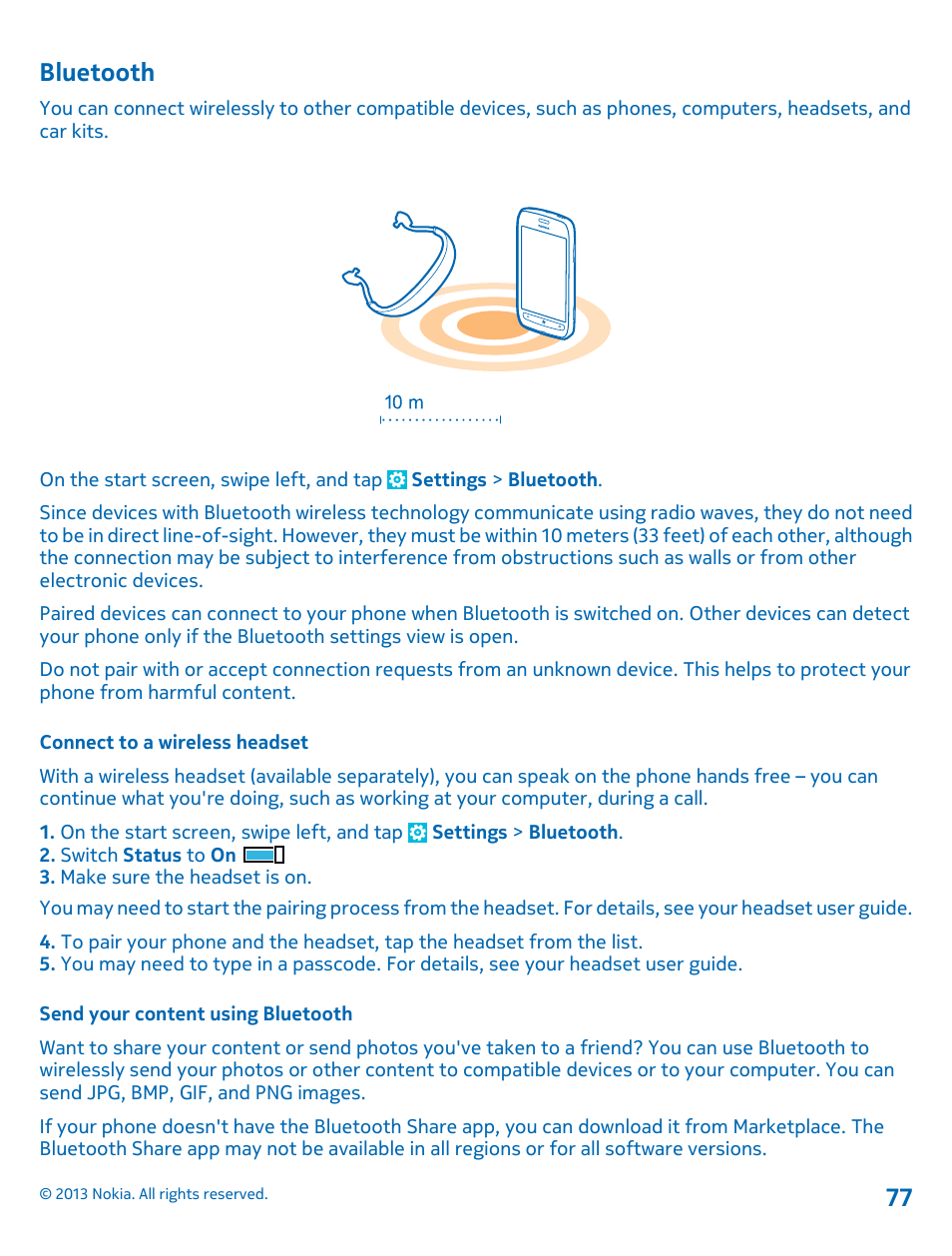 Bluetooth, Connect to a wireless headset, Send your content using bluetooth | Bluetooth 77 | Nokia Lumia 710 User Manual | Page 77 / 86