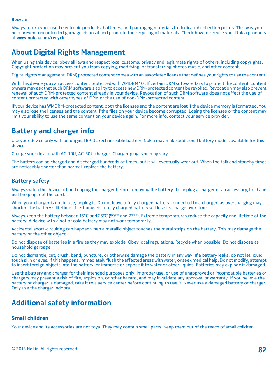 About digital rights management, Battery and charger info, Battery safety | Additional safety information, Small children | Nokia Lumia 710 User Manual | Page 82 / 86